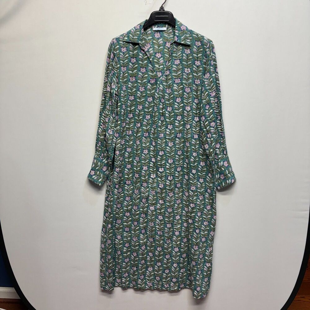 Le Bazar Coastal Women Long Sleeve Midi Shirt Dress Size Medium Floral C120 -10